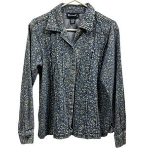 Denim and Co Vintage Blue Jean Pleated Khaki Floral Vine Jacket Womens Medium